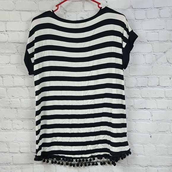 Cable & Gauge Black White Stripe Pom Pom Top Dolman Sleeve Luxe Softness Blouse - Picture 7 of 9